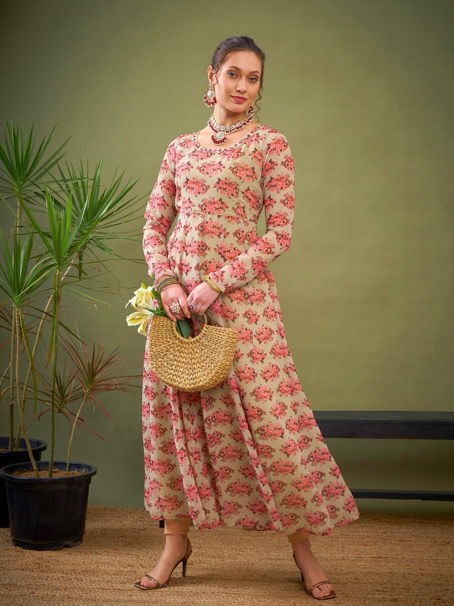 Beige Floral Anarkali Kurta