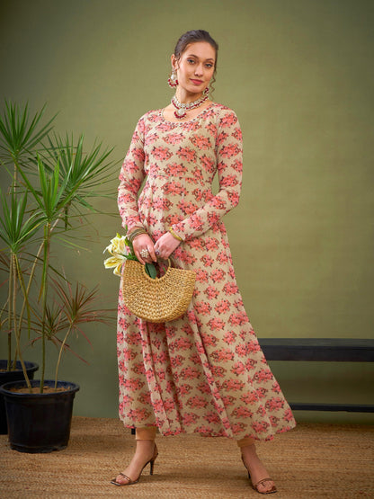 Beige Floral Anarkali Kurta