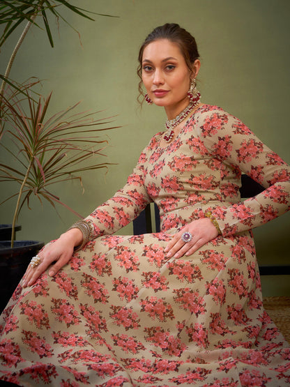 Beige Floral Anarkali Kurta
