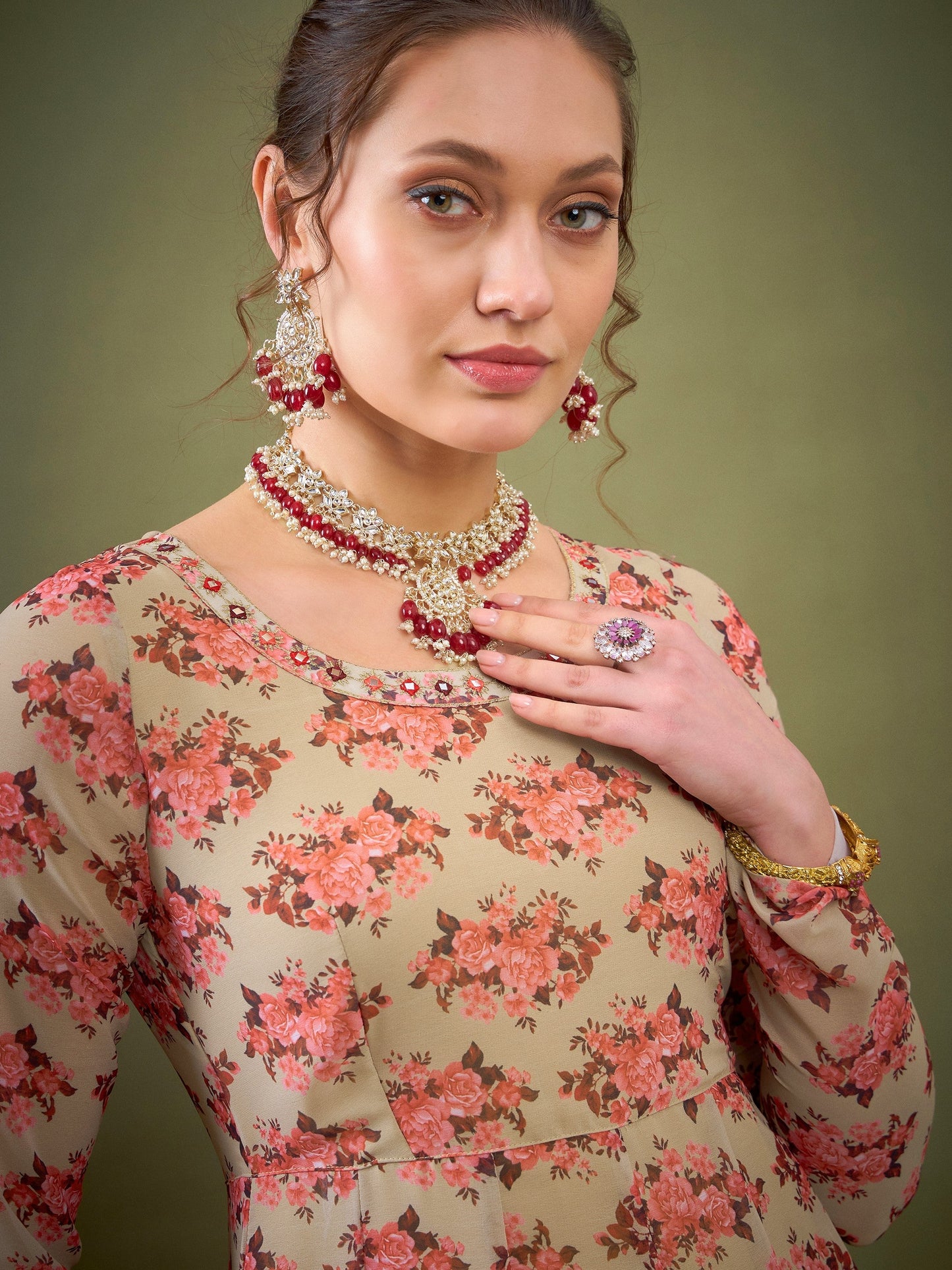 Beige Floral Anarkali Kurta