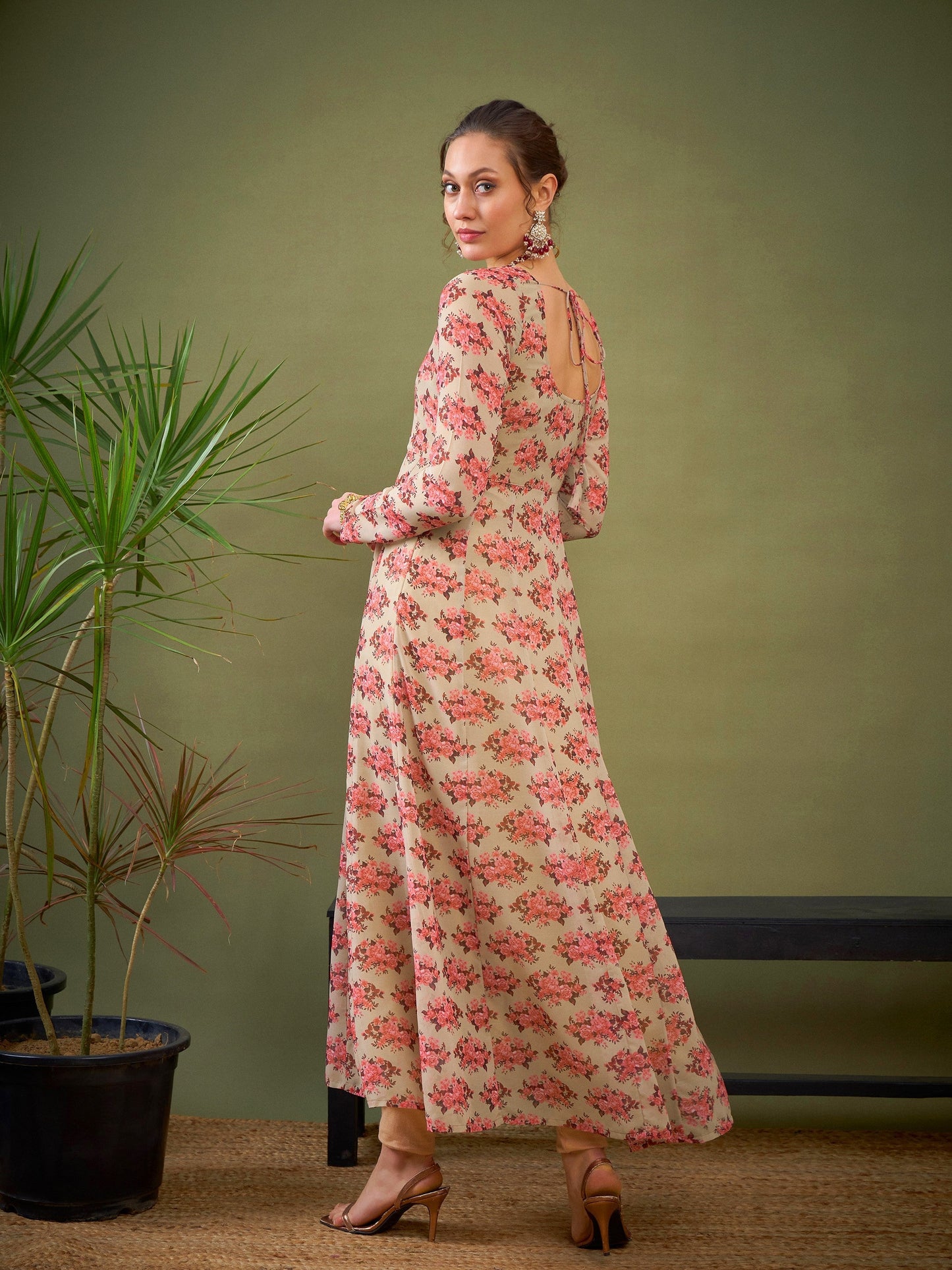 Beige Floral Anarkali Kurta