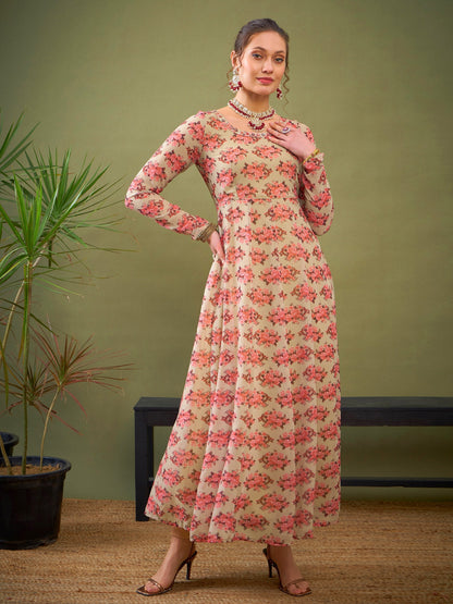Beige Floral Anarkali Kurta