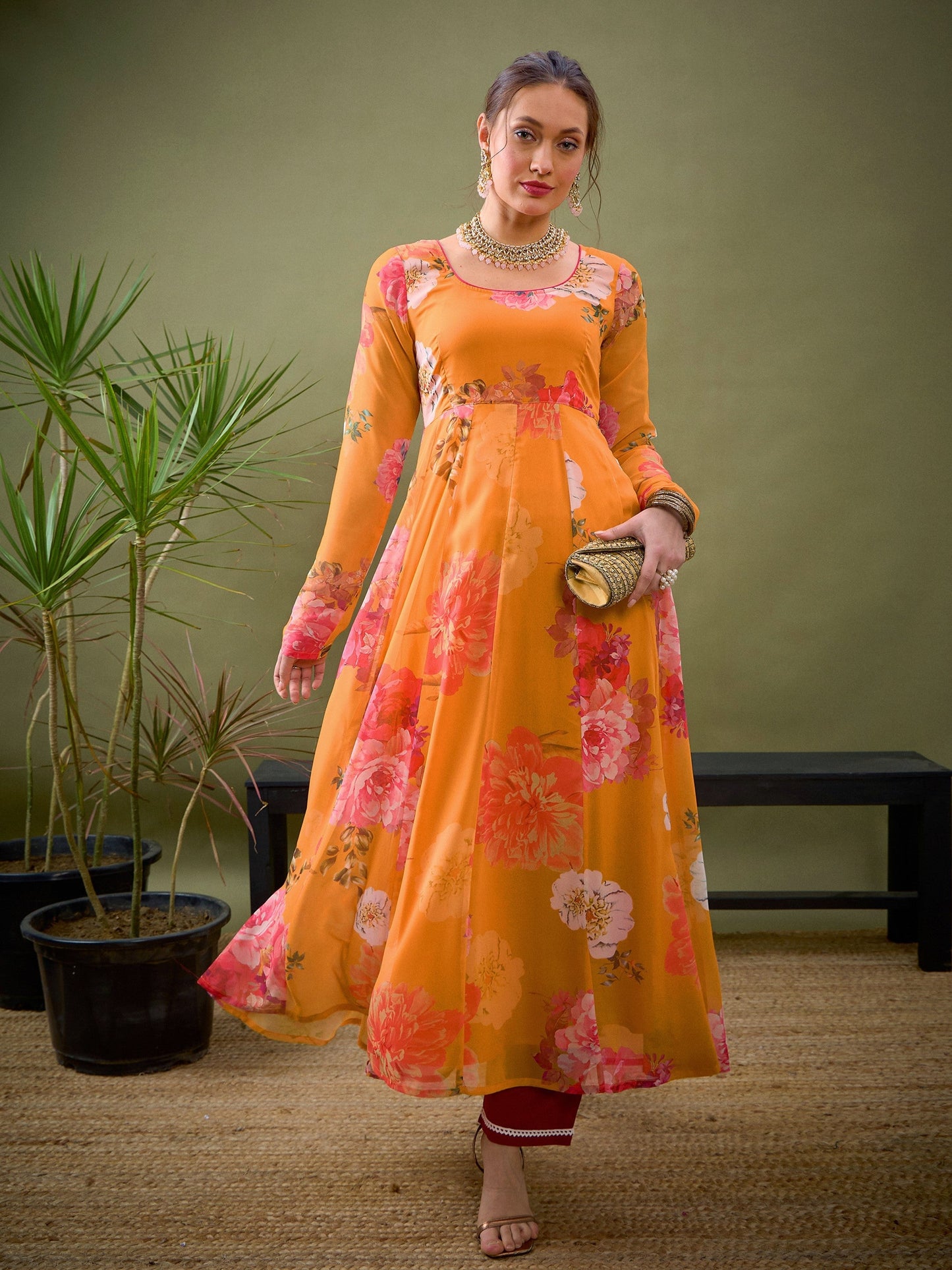 Yellow Floral Anarkali Kurta-Shae by SASSAFRAS