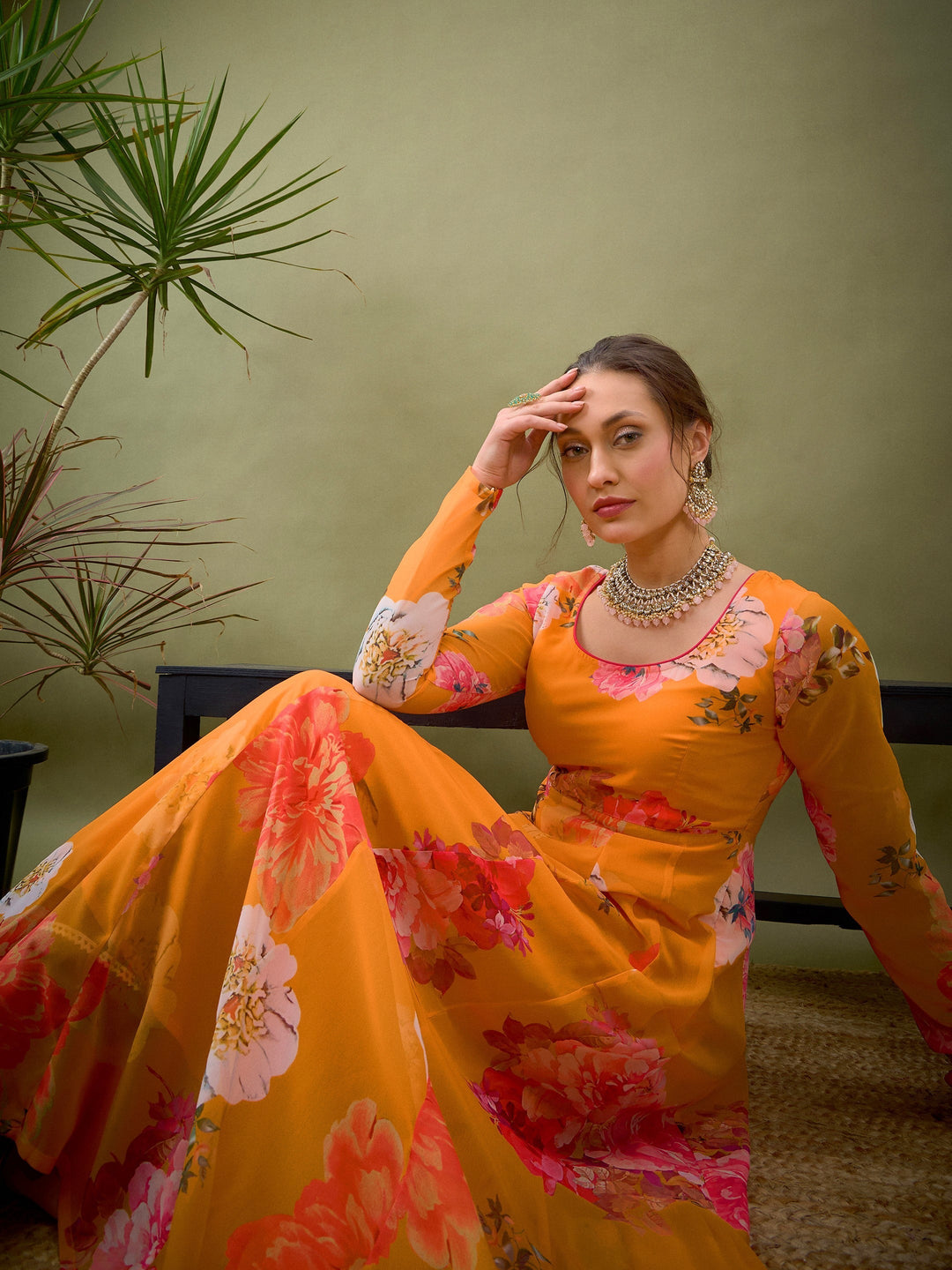 Yellow Floral Anarkali Kurta-Shae by SASSAFRAS