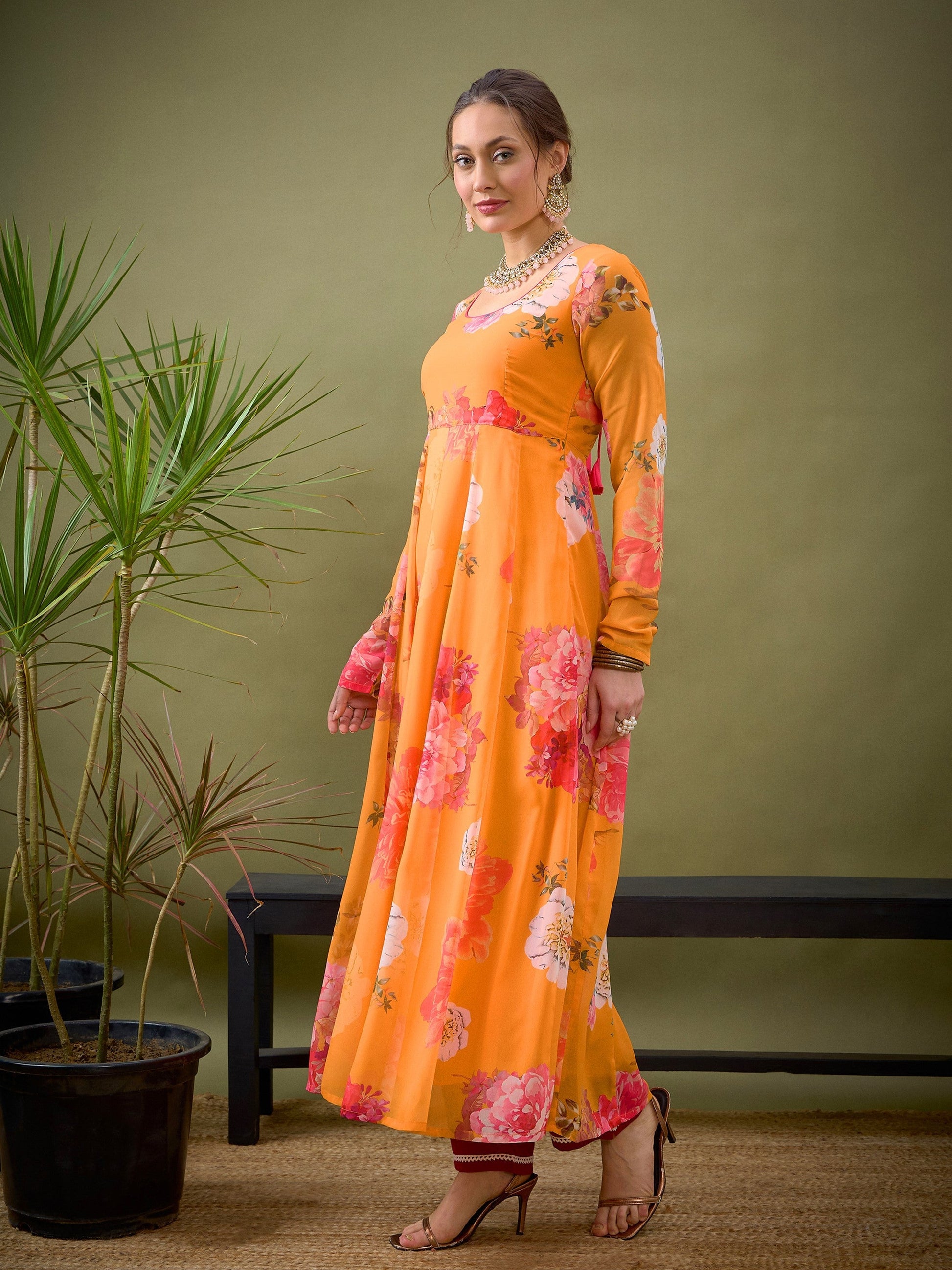 Yellow Floral Anarkali Kurta-Shae by SASSAFRAS