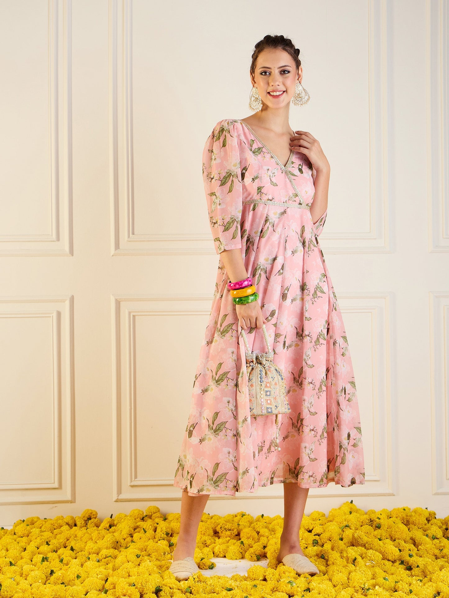 Peach Floral Anarkali Maxi Dress