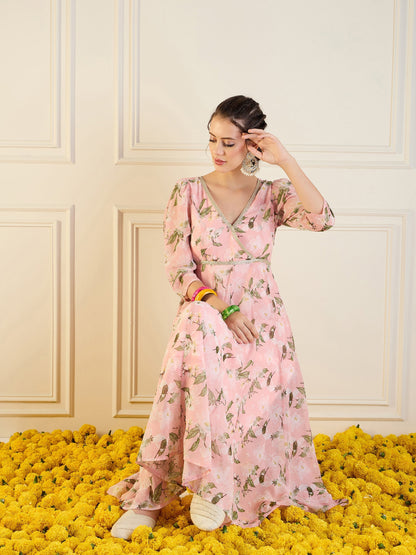 Peach Floral Anarkali Maxi Dress