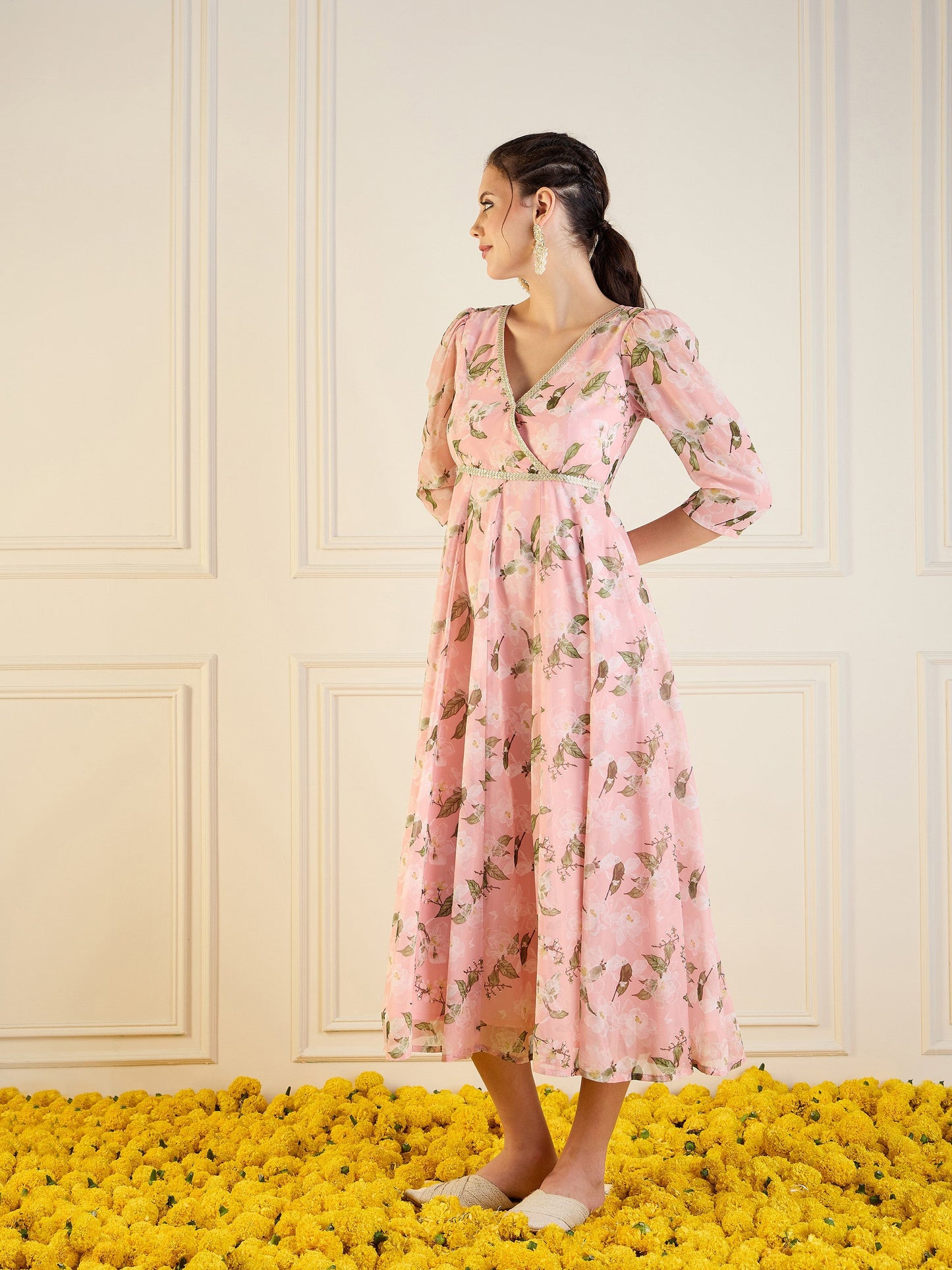 Peach Floral Anarkali Maxi Dress