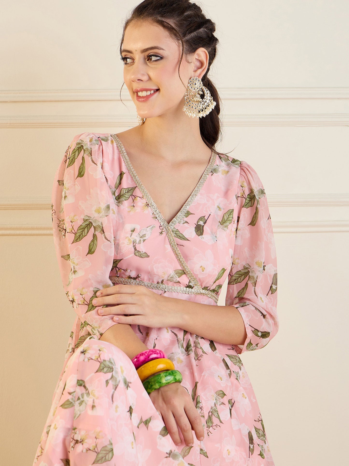 Peach Floral Anarkali Maxi Dress