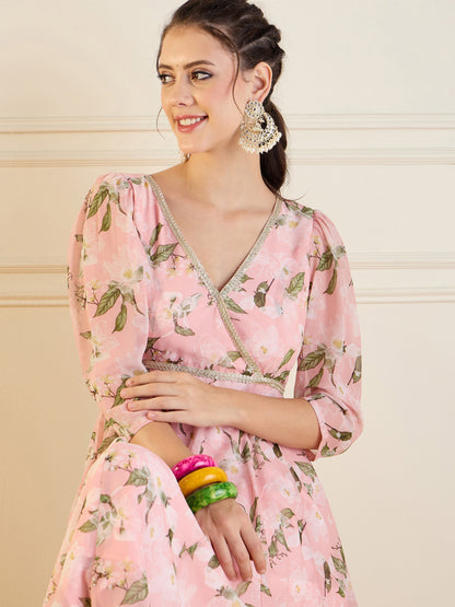 Peach Floral Anarkali Maxi Dress