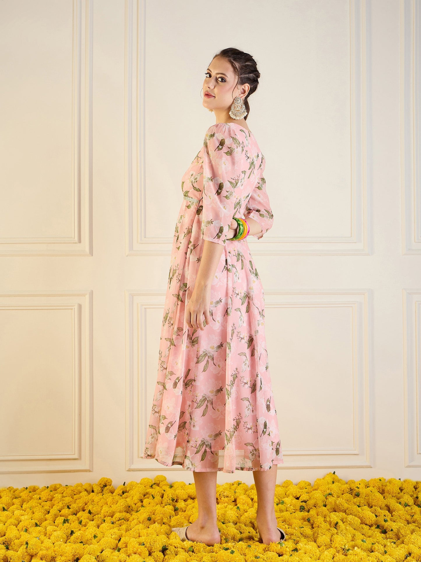 Peach Floral Anarkali Maxi Dress