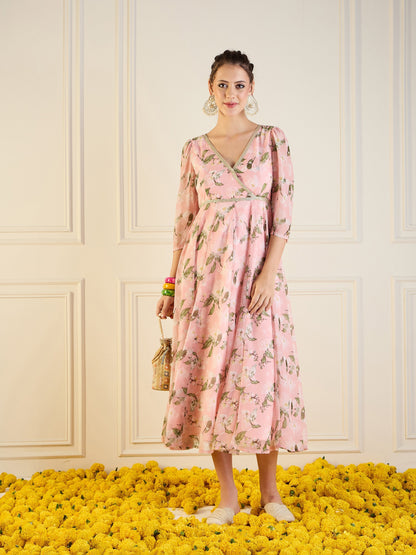 Peach Floral Anarkali Maxi Dress