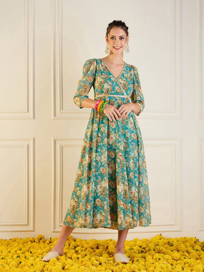 Turquoise Blue Floral Anarkali Maxi Dress