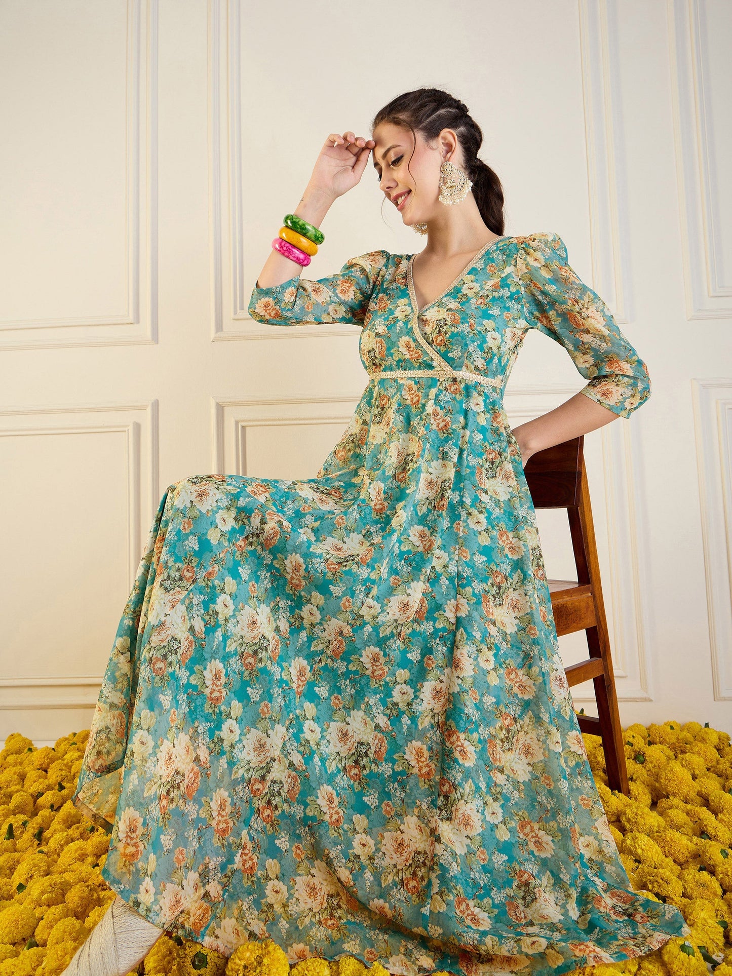 Turquoise Blue Floral Anarkali Maxi Dress