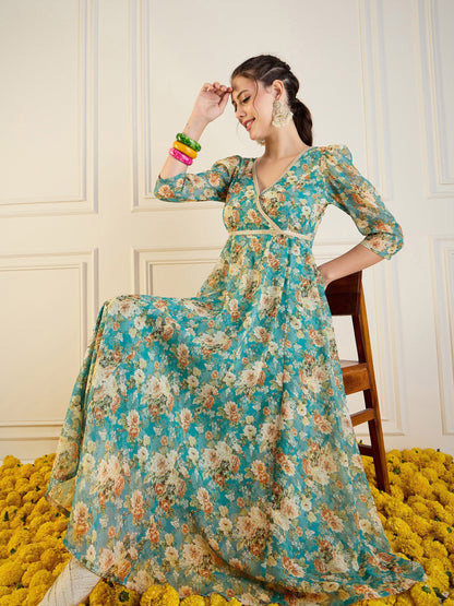 Turquoise Blue Floral Anarkali Maxi Dress