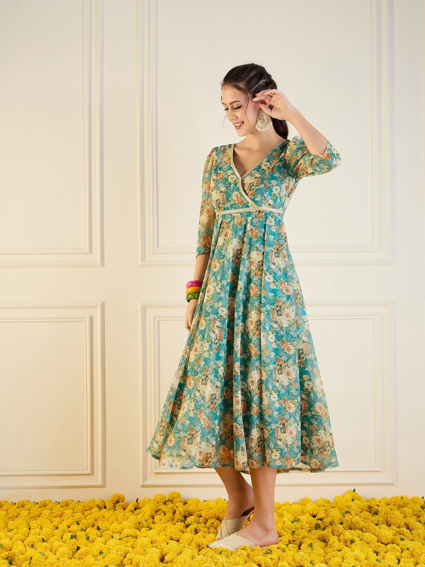 Turquoise Blue Floral Anarkali Maxi Dress