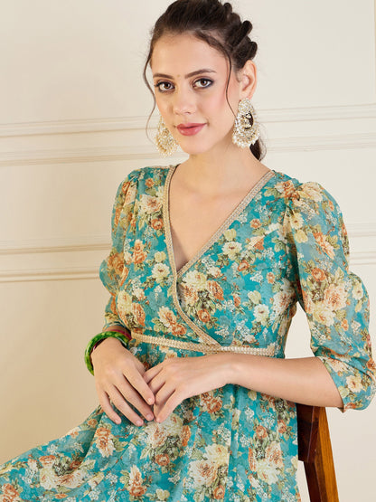 Turquoise Blue Floral Anarkali Maxi Dress