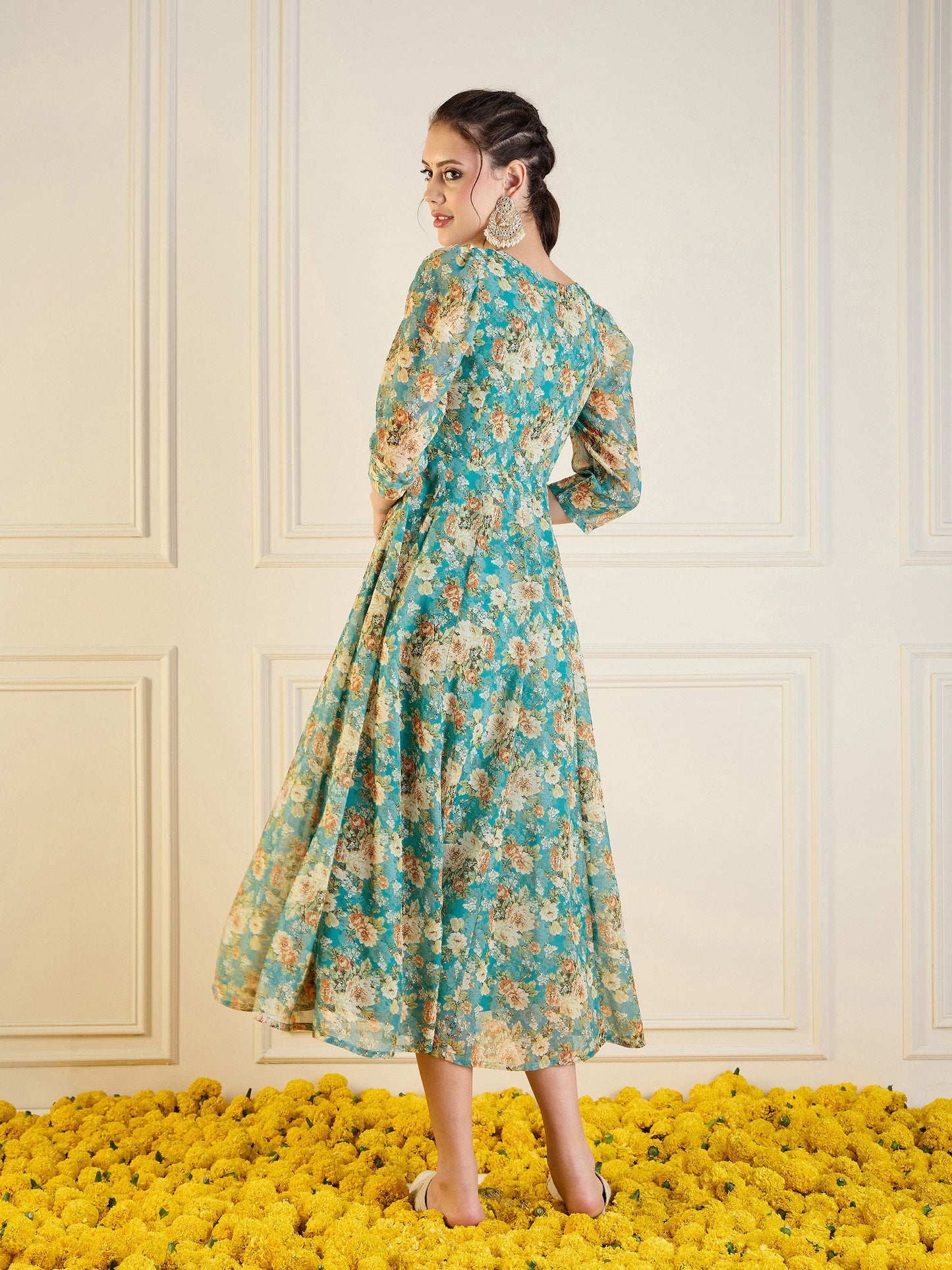 Turquoise Blue Floral Anarkali Maxi Dress