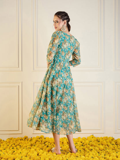 Turquoise Blue Floral Anarkali Maxi Dress