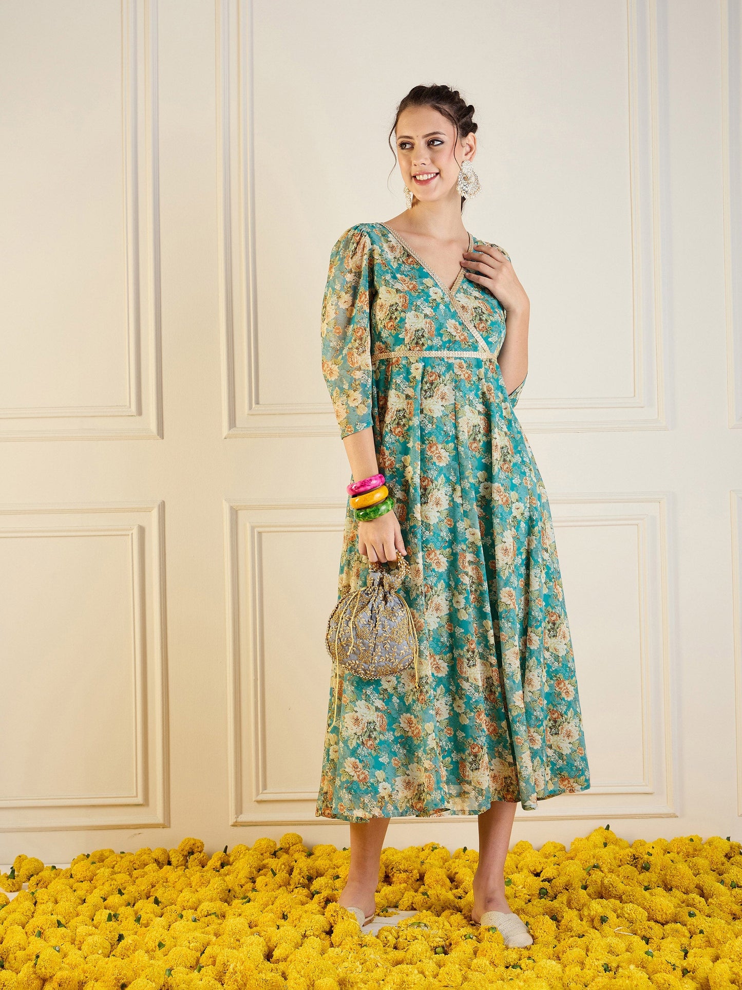 Turquoise Blue Floral Anarkali Maxi Dress