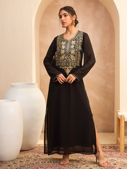 Women's Women Black Embroidered Round Neck Abaya Dress in Georgette by Shae for wholesale, bulk, supplier, manufacturer and wholesaler buyers from Trendphoria