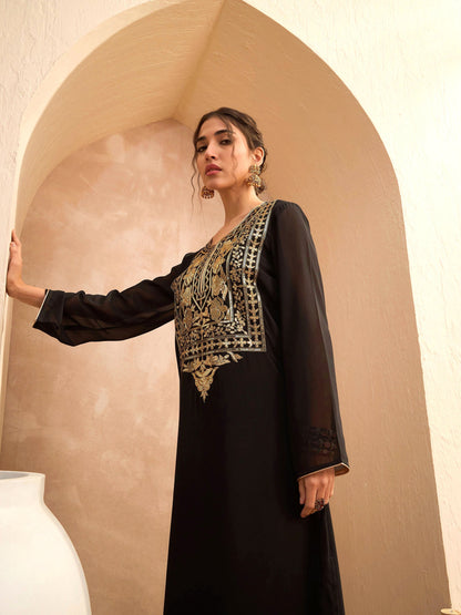 Black Embroidered Round Neck Abaya Dress-Shae by SASSAFRAS