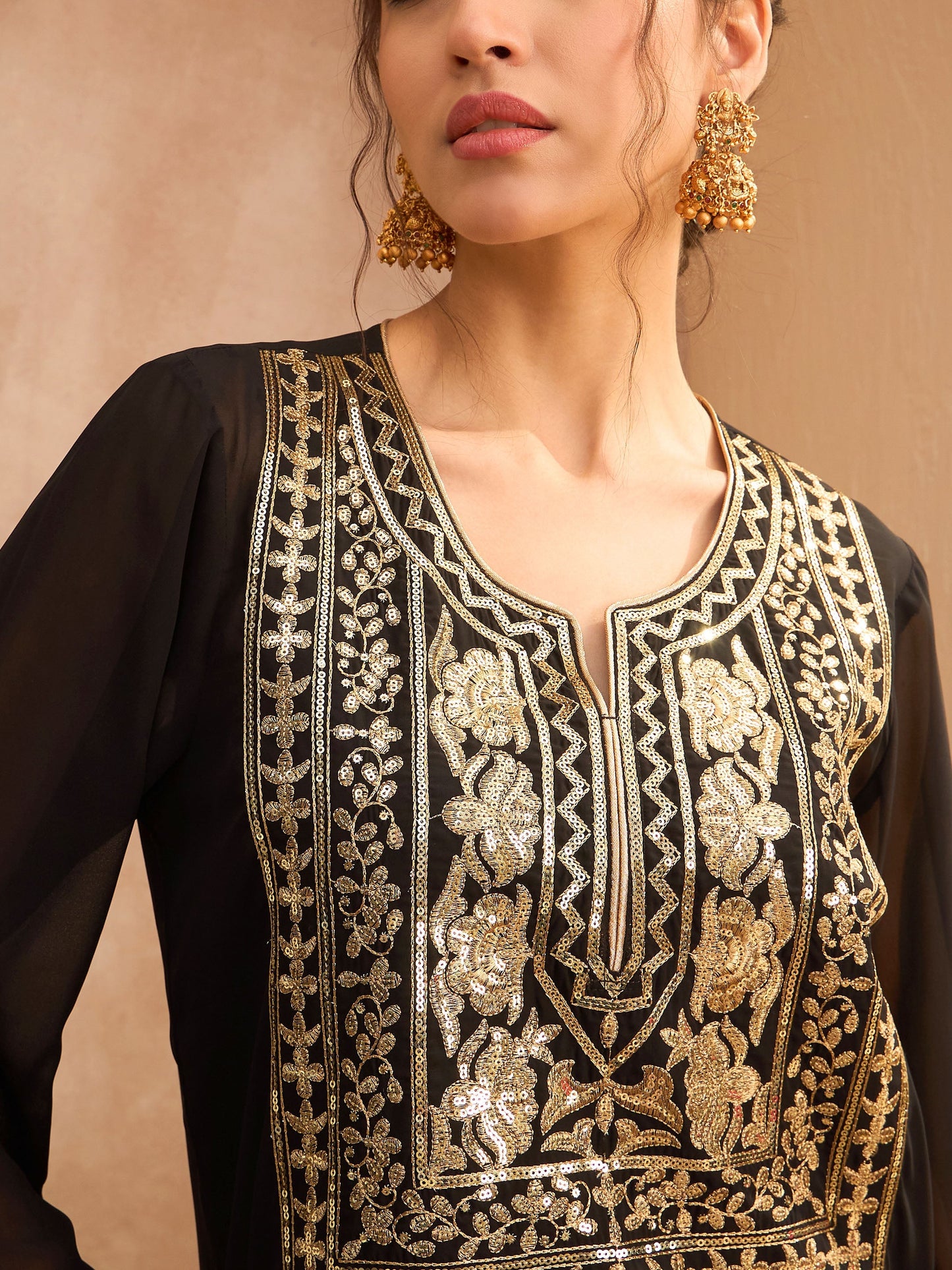Black Embroidered Round Neck Abaya Dress-Shae by SASSAFRAS