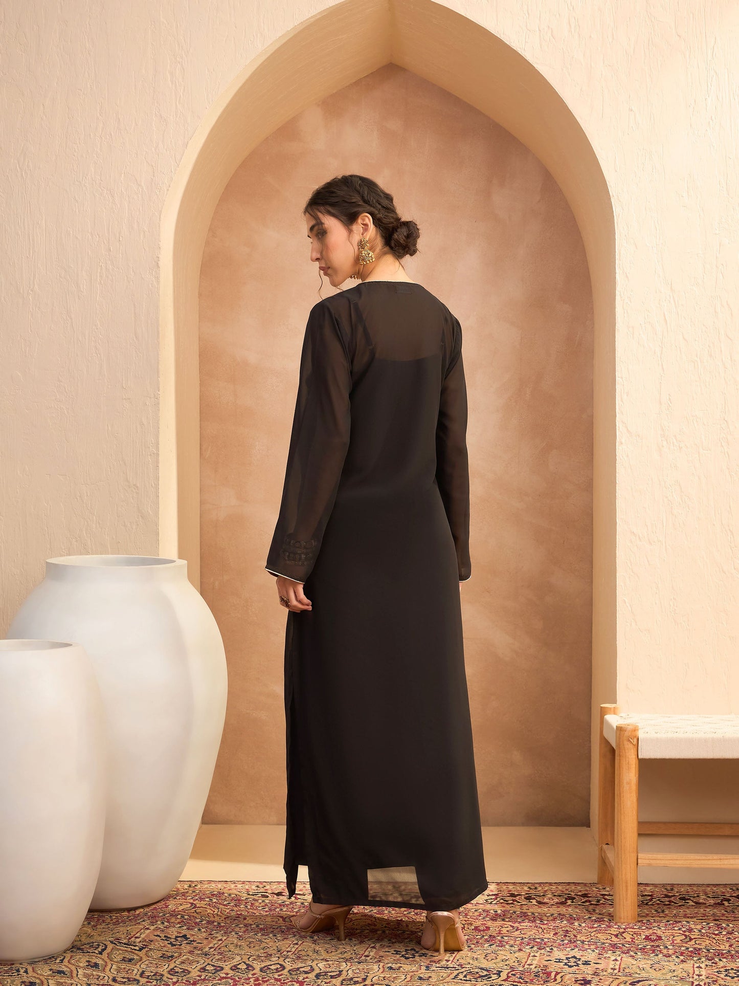 Black Embroidered Round Neck Abaya Dress-Shae by SASSAFRAS