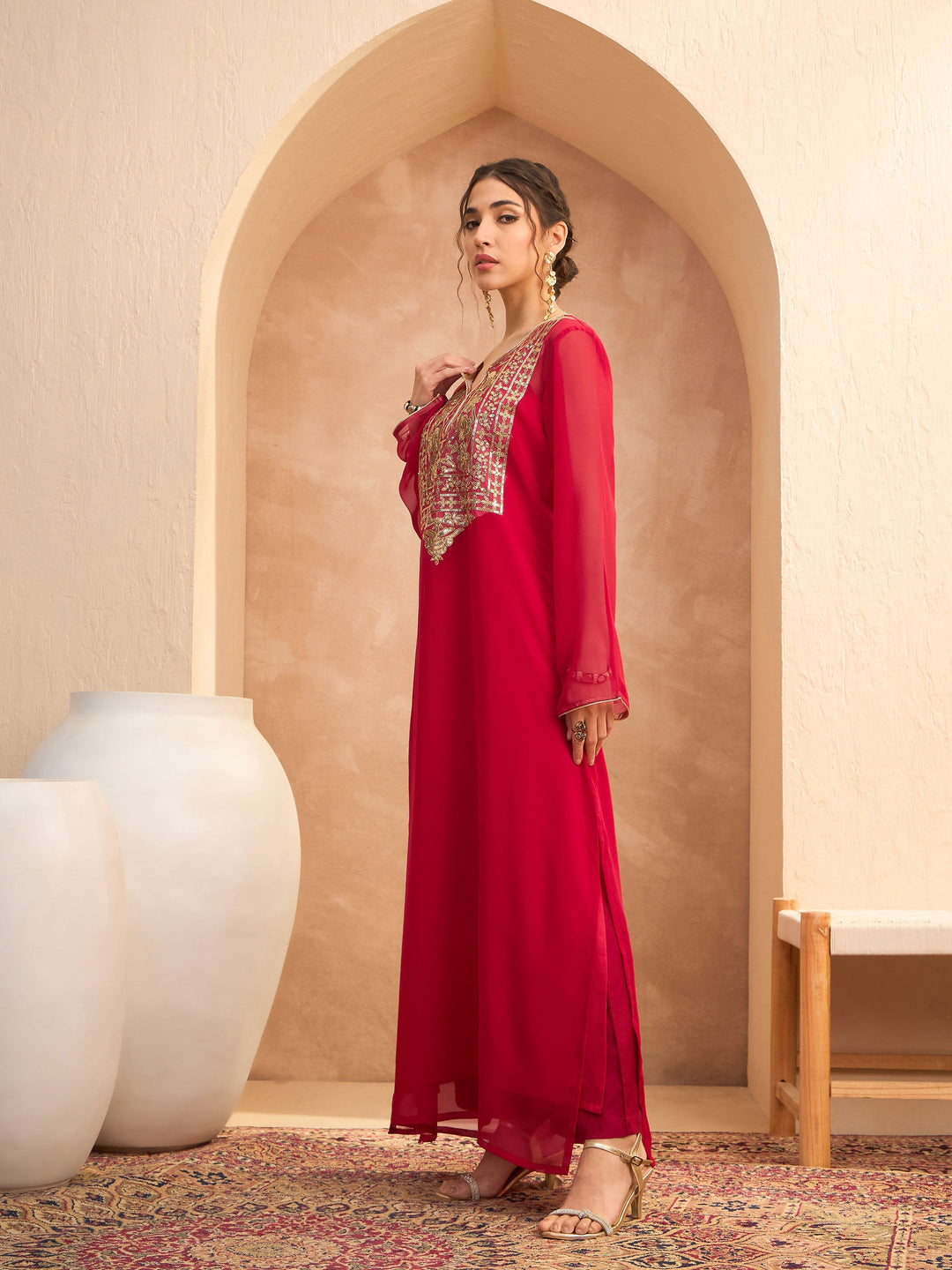 Red Embroidered Round Neck Abaya Dress-Shae by SASSAFRAS