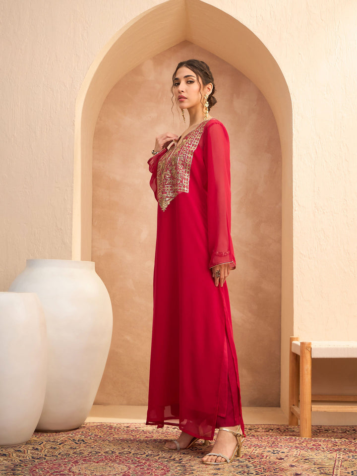 Red Embroidered Round Neck Abaya Dress-Shae by SASSAFRAS