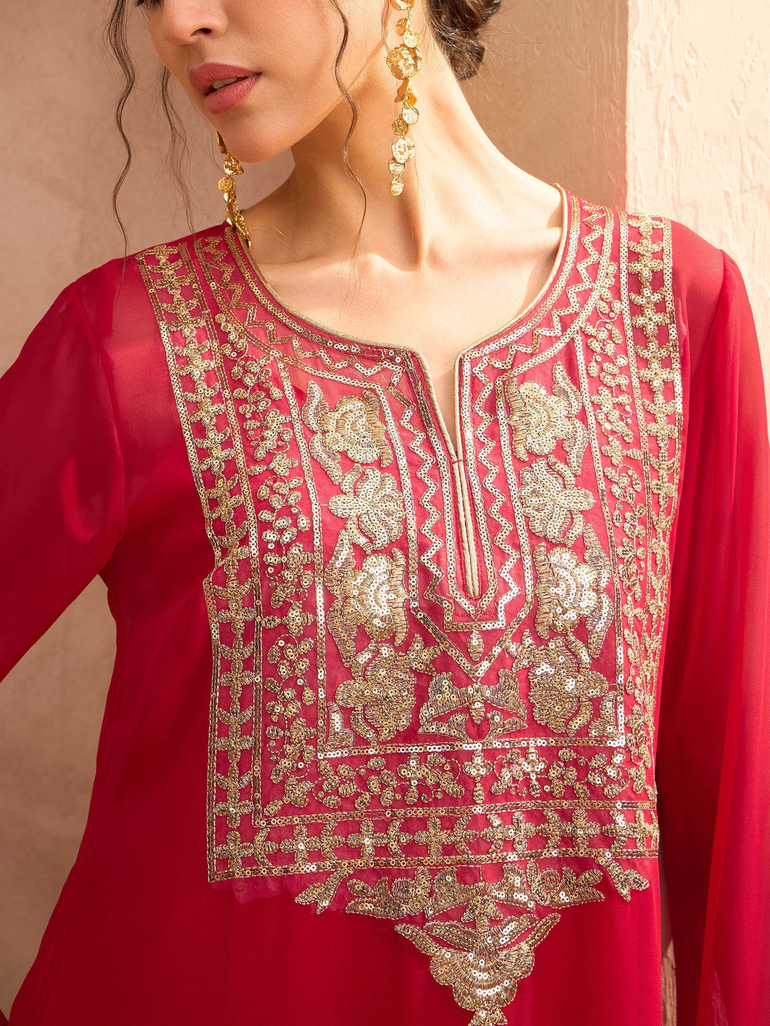Red Embroidered Round Neck Abaya Dress-Shae by SASSAFRAS