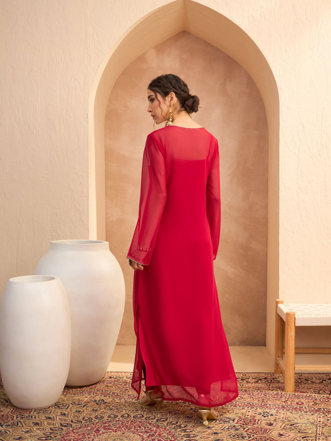 Red Embroidered Round Neck Abaya Dress-Shae by SASSAFRAS