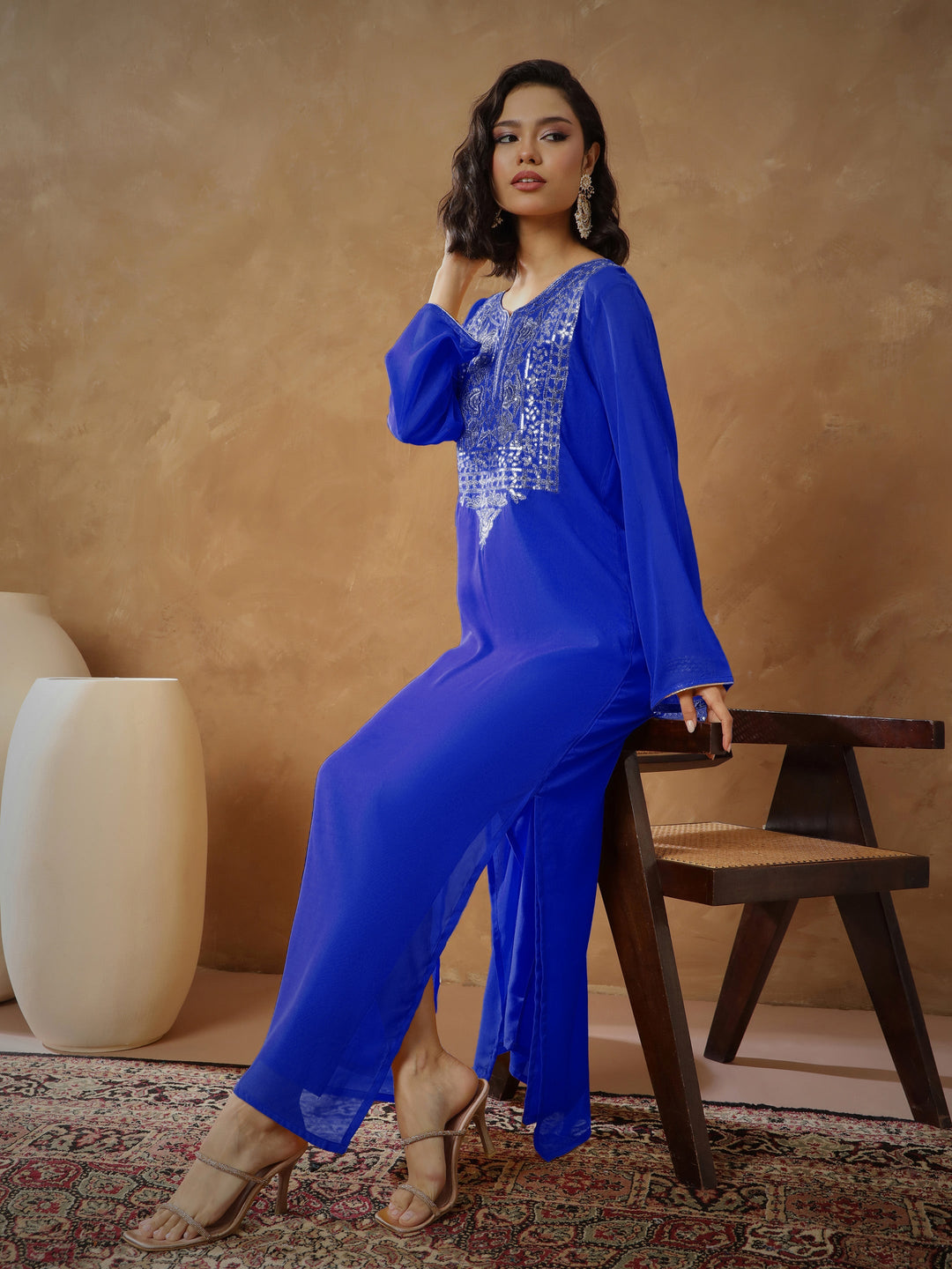 Women Navy Embroidered Round Neck Abaya Dress