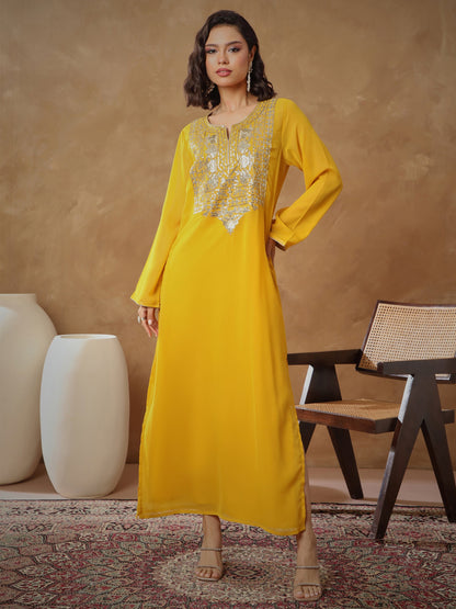 Women's Women Yellow Embroidered Round Neck Abaya Dress in Georgette by Shae for wholesale, bulk, supplier, manufacturer and wholesaler buyers from Trendphoria