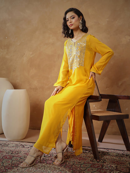 Women Yellow Embroidered Round Neck Abaya Dress