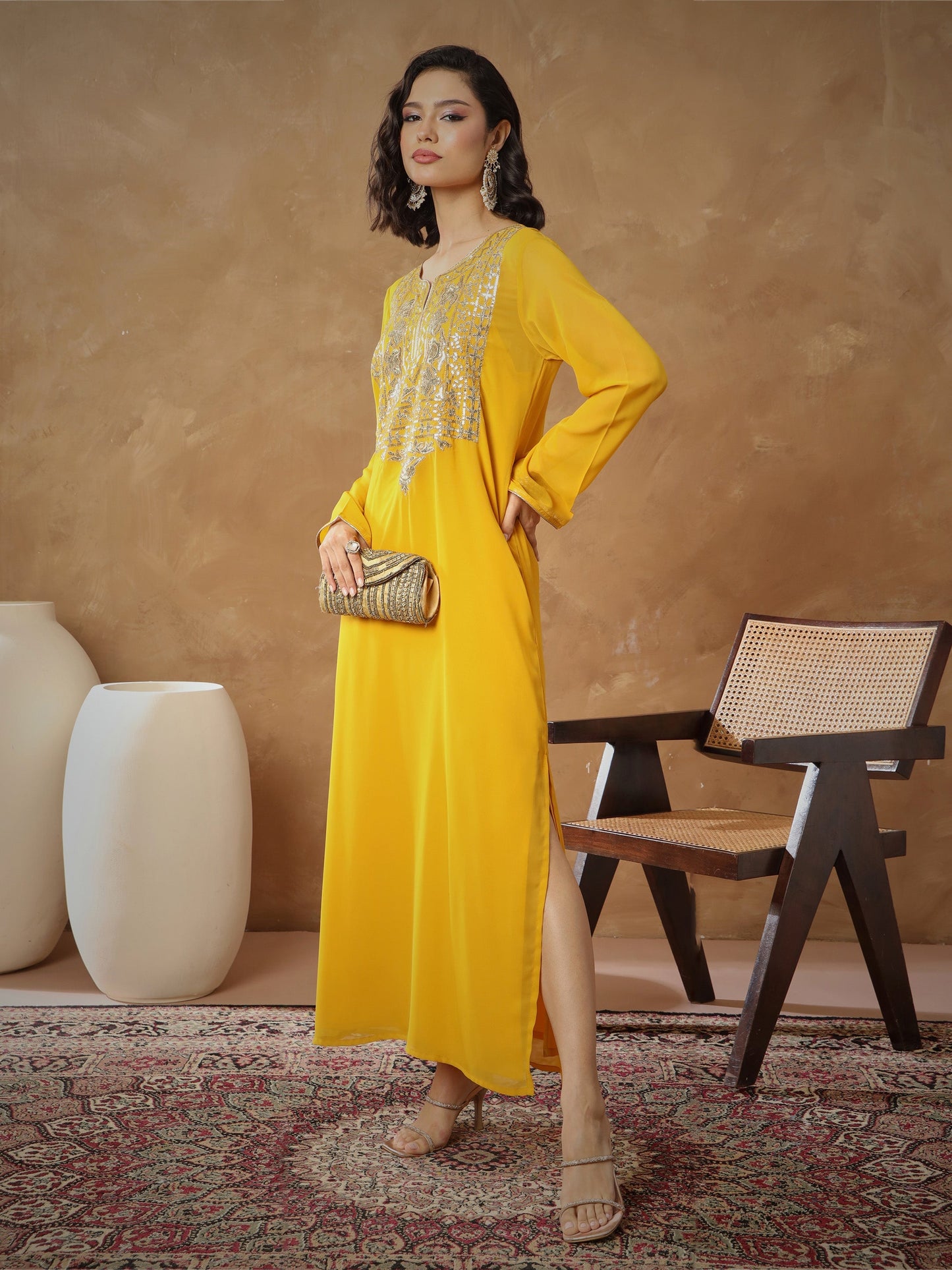 Women Yellow Embroidered Round Neck Abaya Dress