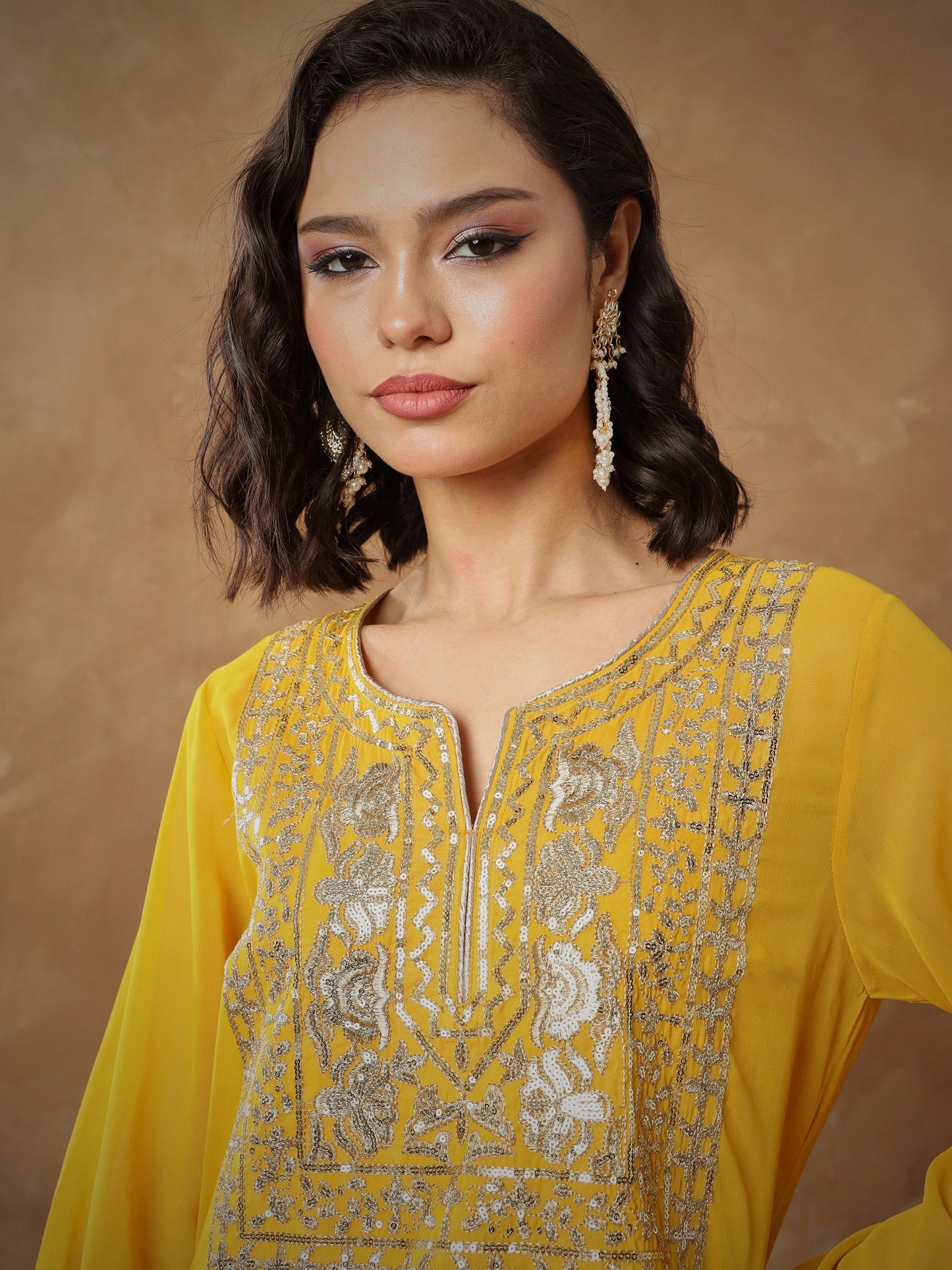 Women Yellow Embroidered Round Neck Abaya Dress
