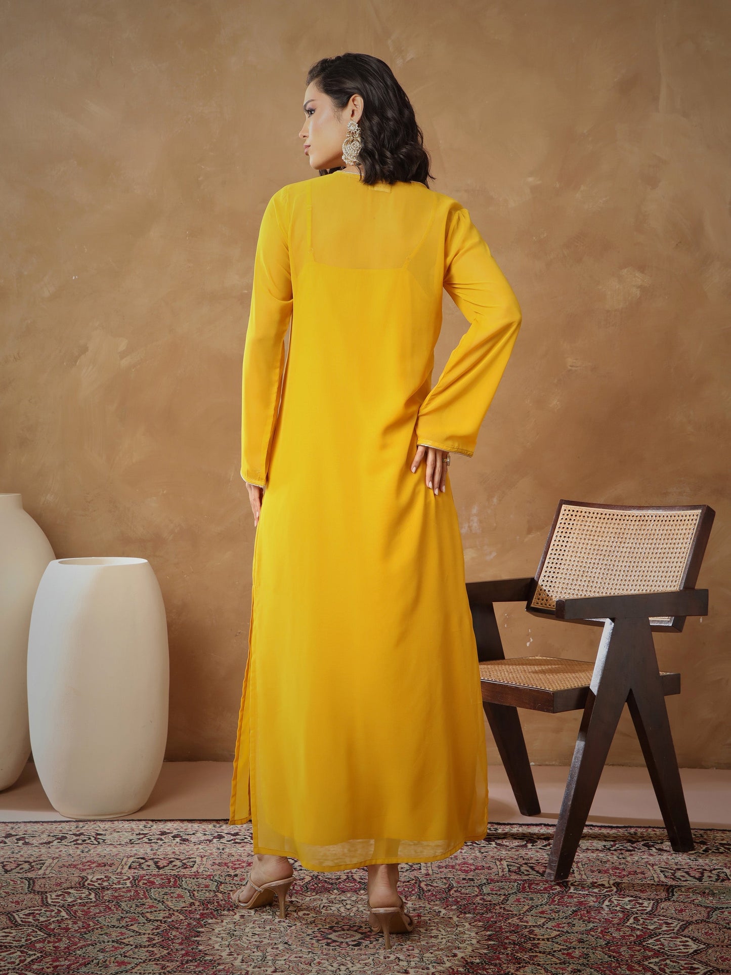 Women Yellow Embroidered Round Neck Abaya Dress