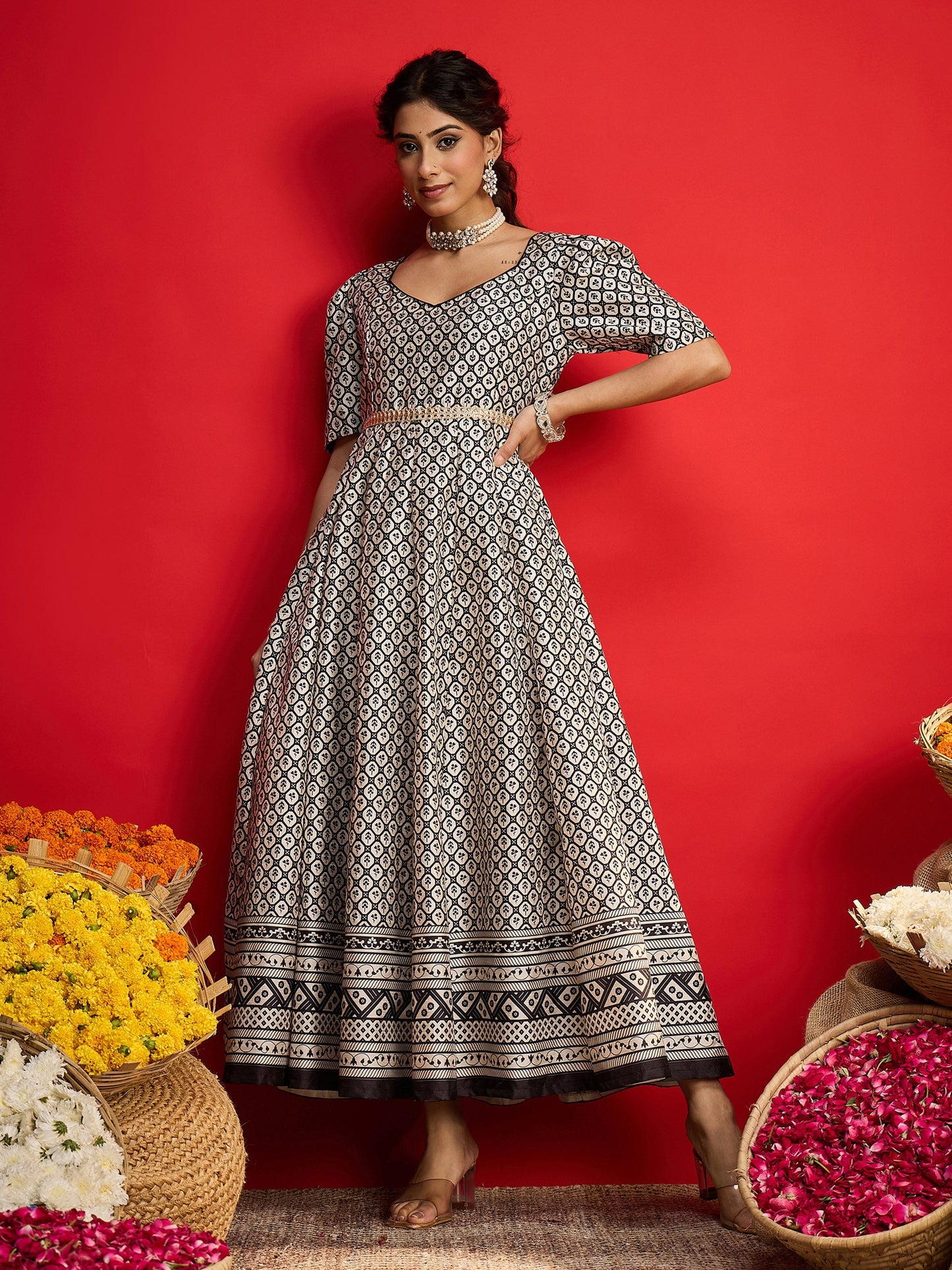 Black & White Geometric Anarkali Maxi Dress