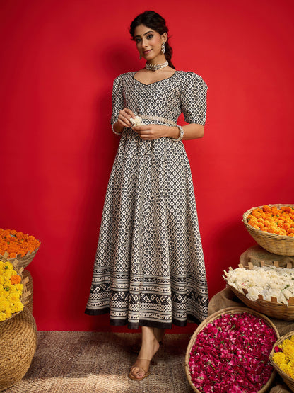 Black & White Geometric Anarkali Maxi Dress