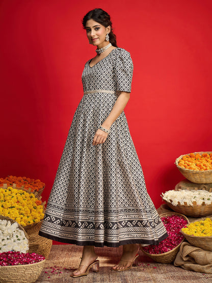 Black & White Geometric Anarkali Maxi Dress