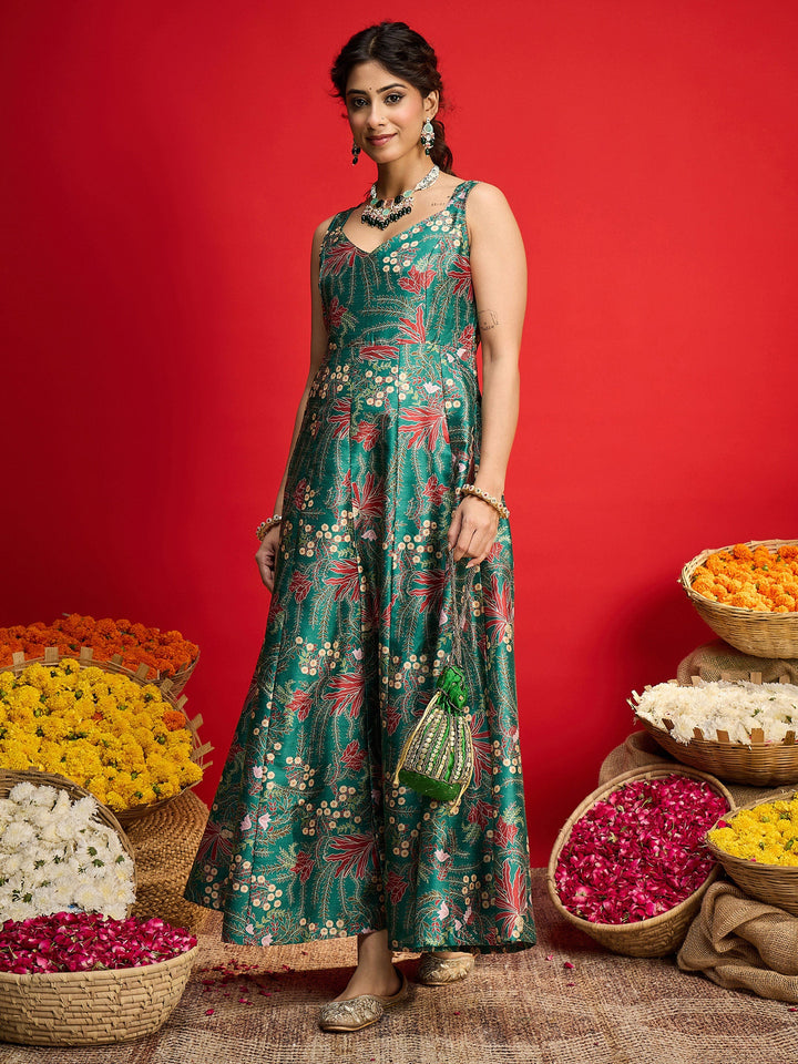 Women Green Floral Sleeveless Anarkali Maxi Dress
