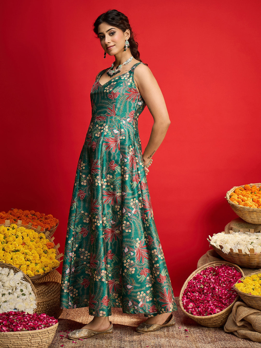 Women Green Floral Sleeveless Anarkali Maxi Dress