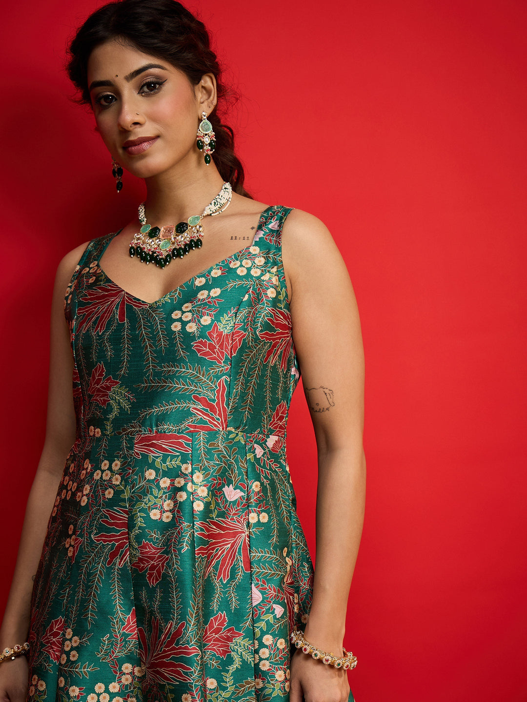Women Green Floral Sleeveless Anarkali Maxi Dress
