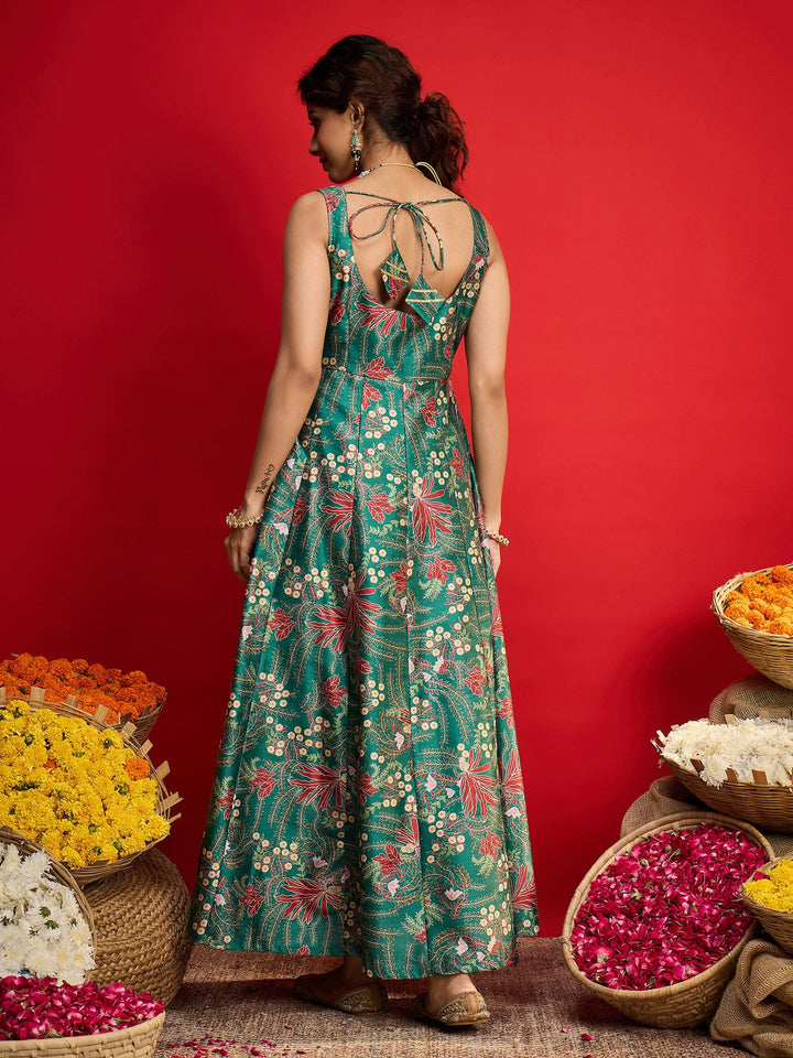 Women Green Floral Sleeveless Anarkali Maxi Dress