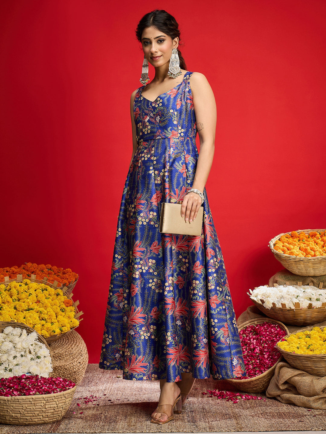Women Navy Floral Sleeveless Anarkali Maxi Dress