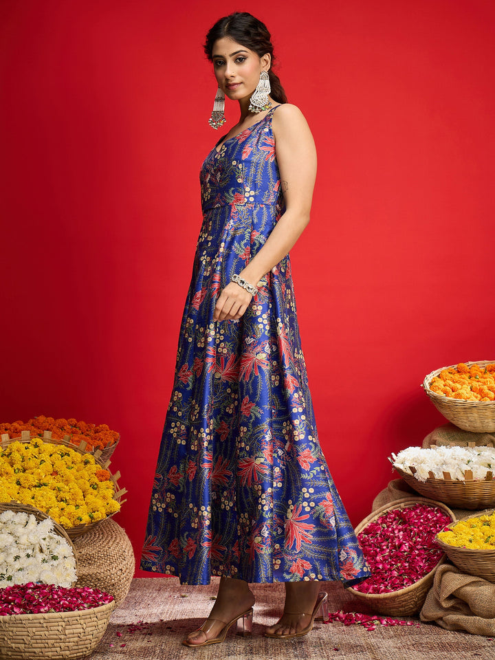 Women Navy Floral Sleeveless Anarkali Maxi Dress