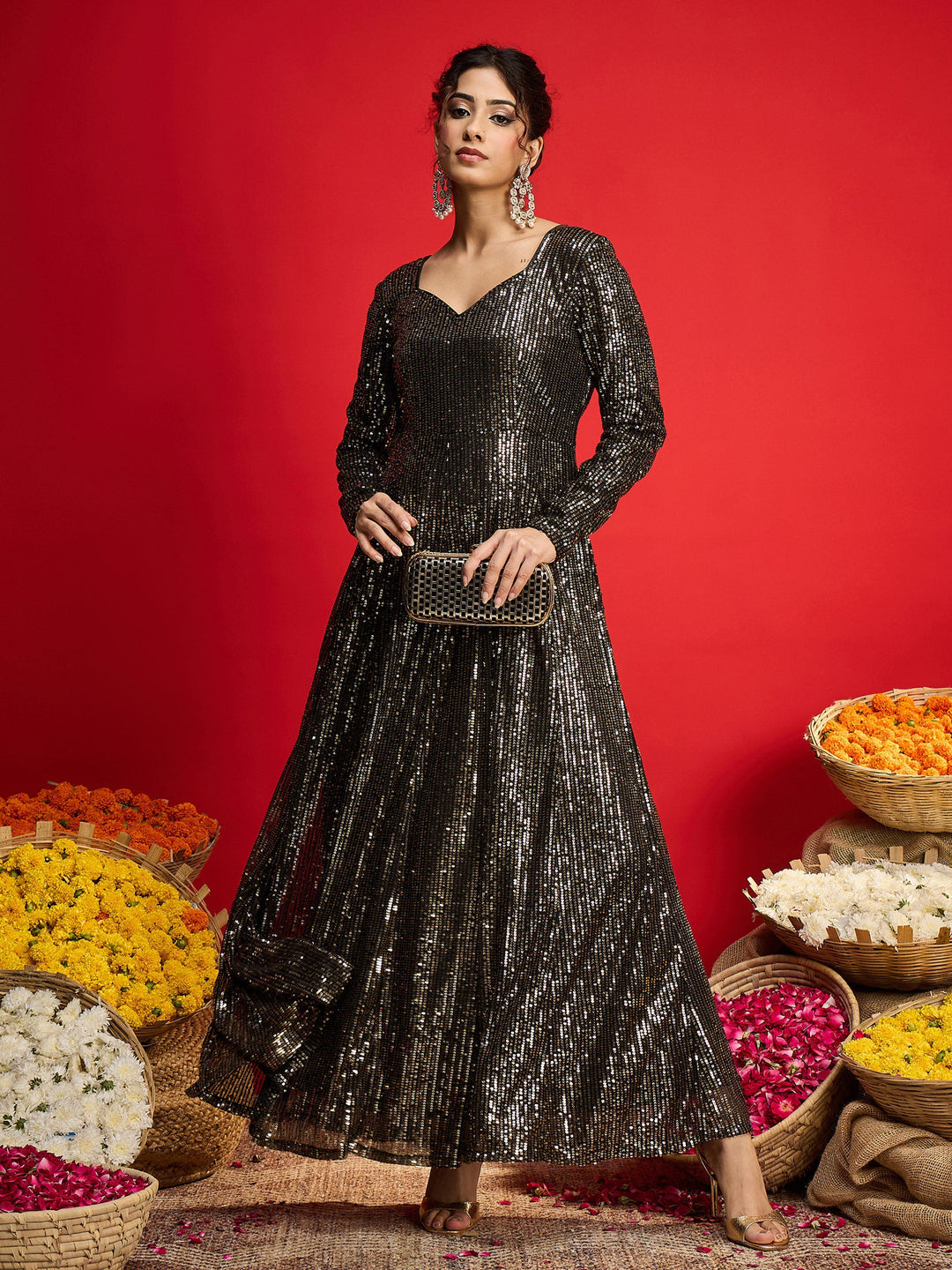Women's Women Black With Golden Sequins Sweetheart Neck Anarkali Dress in Butter Crepe by Shae for wholesale, bulk, supplier, manufacturer and wholesaler buyers from Trendphoria