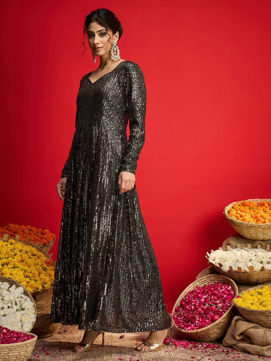 Women Black With Golden Sequins Sweetheart Neck Anarkali Dress