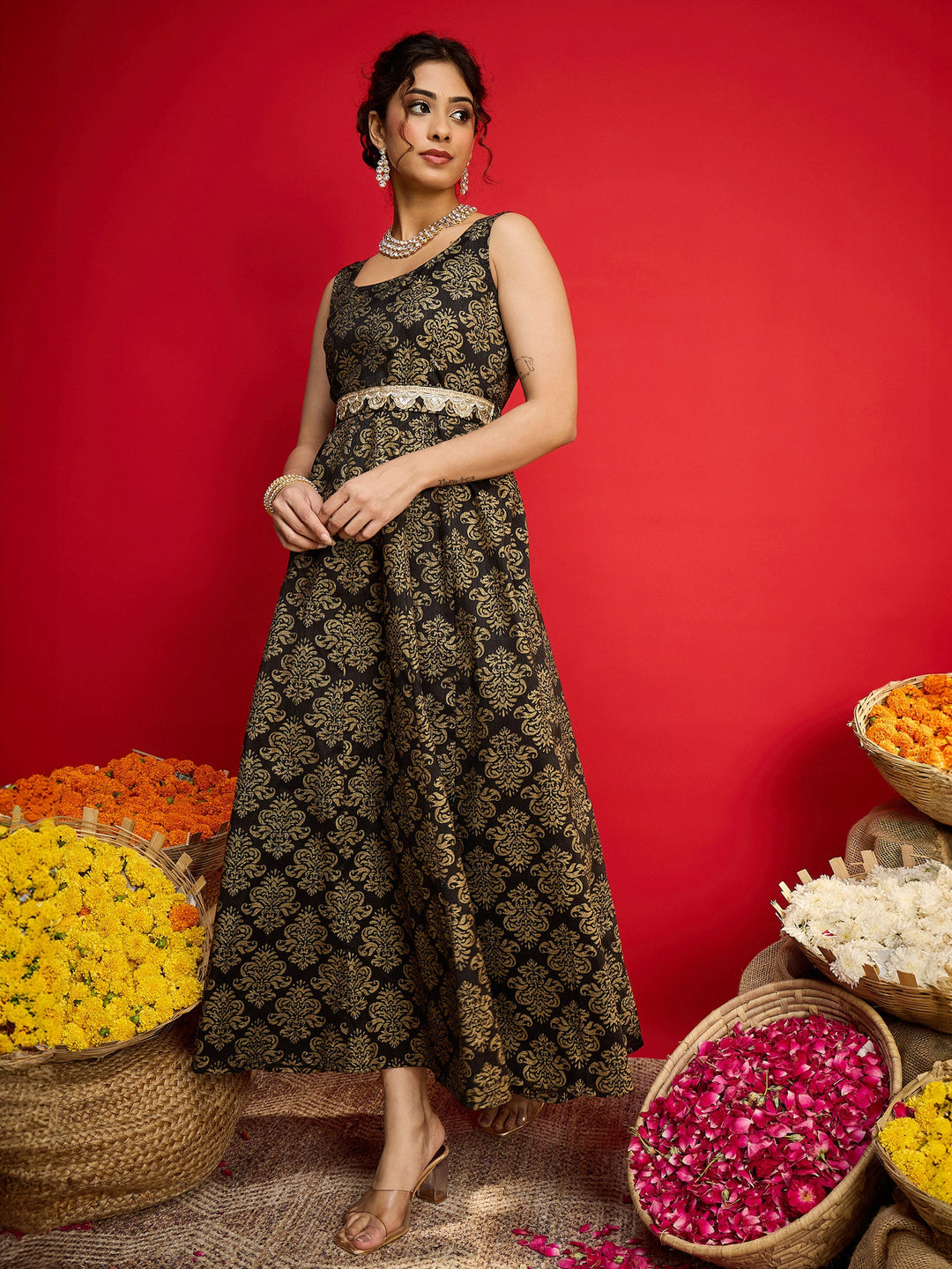 Women Black Jacquard Floral Self-Belt Anarkali Dress